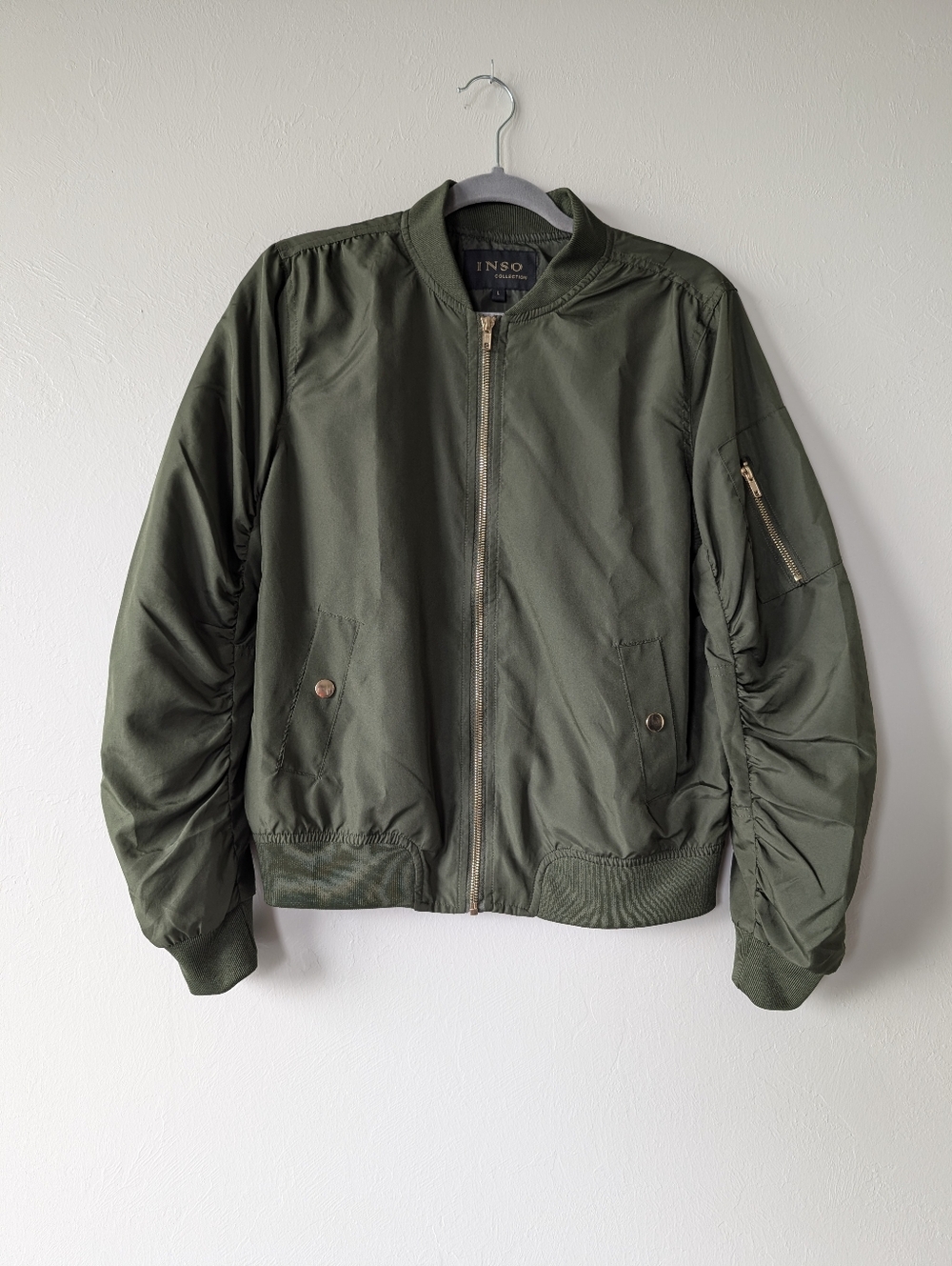 Inso Collection Green Ruched Sleeve Olive Bomber Jacket Size L Zip Up